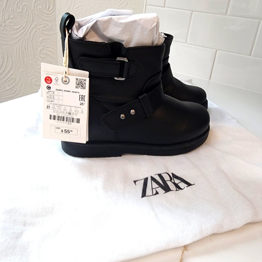 Zara Kids Leather Moto Boots - size 27